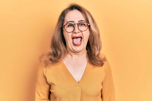 Middle Age Caucasian Woman Wearing Casual Clothes Glasses Sticking Tongue — Foto de Stock