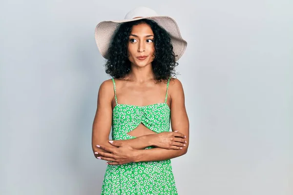 Young Latin Girl Wearing Summer Hat Smiling Looking Side Staring — Stockfoto