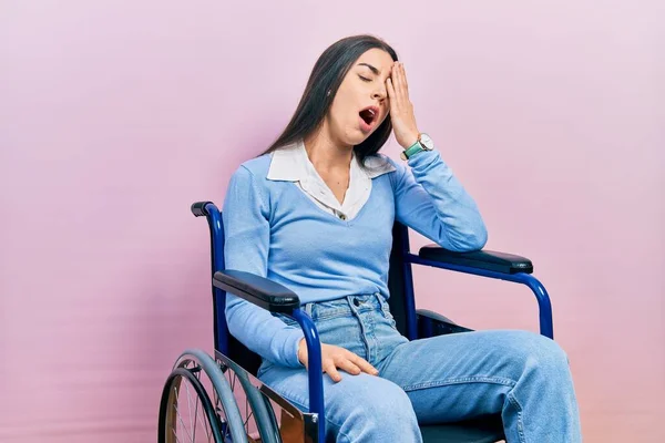 Beautiful Woman Blue Eyes Sitting Wheelchair Yawning Tired Covering Half — Foto Stock