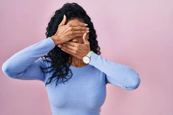 Middle Age Hispanic Woman Standing Pink Background Covering Eyes Mouth — Stock Photo, Image