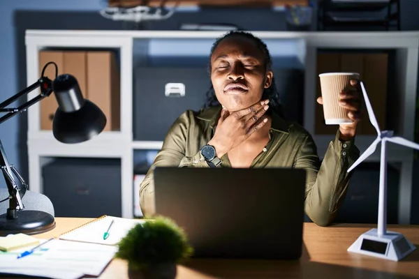 African Woman Working Using Computer Laptop Night Touching Painful Neck —  Fotos de Stock