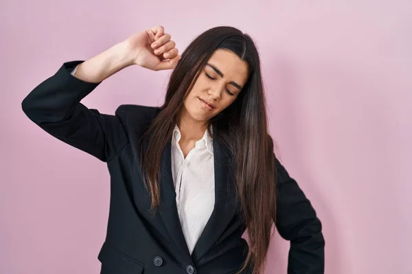 Young Brunette Woman Wearing Business Style Pink Background Stretching Back — 스톡 사진