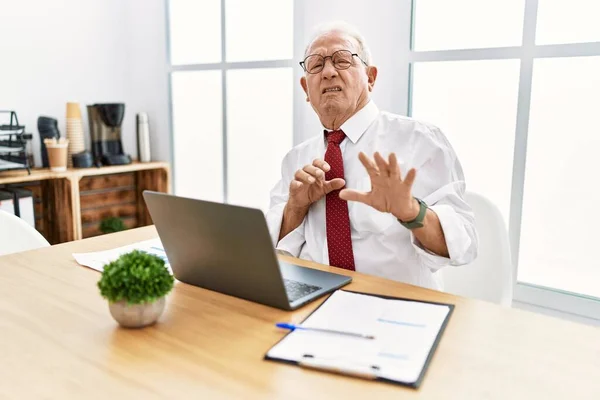 Senior Man Working Office Using Computer Laptop Disgusted Expression Displeased — ストック写真