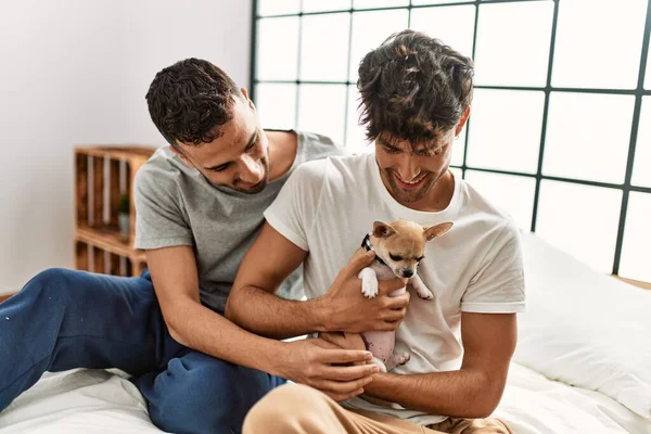 Två Hispanic Män Par Kramar Varandra Sitter Sängen Med Chihuahua — Stockfoto