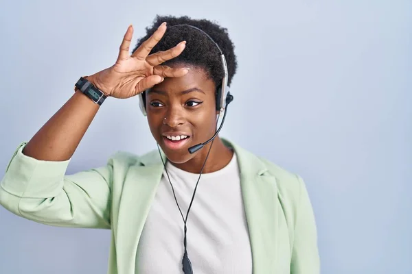 African American Woman Wearing Call Center Agent Headset Very Happy — Stockfoto