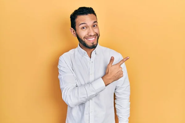 Hispanic Man Beard Wearing Business Shirt Cheerful Smile Face Pointing — ストック写真