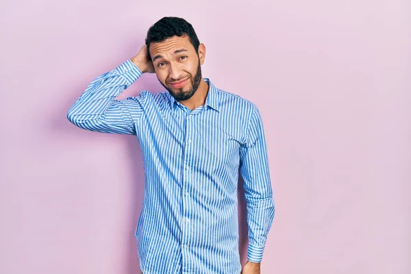 Hispanic Man Beard Wearing Casual Blue Shirt Confuse Wonder Question — ストック写真