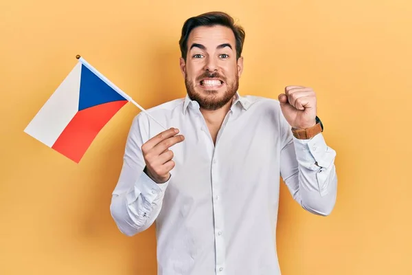 Handsome Caucasian Man Beard Holding Czech Republic Flag Screaming Proud — Stock Photo, Image