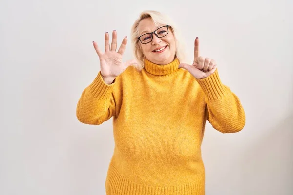 Middle Age Caucasian Woman Wearing Glasses Standing Background Showing Pointing — Stock Photo, Image
