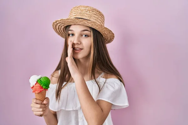 Teenager Girl Holding Ice Cream Hand Mouth Telling Secret Rumor — ストック写真