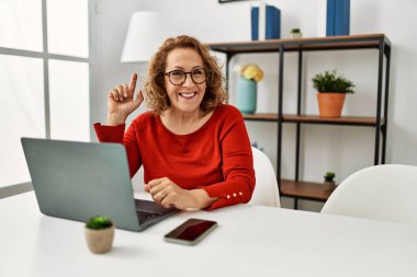 Orta yaşlı beyaz kadın evde dizüstü bilgisayar kullanıyor. Bir fikre ya da soru işaretine şaşırmış halde oturuyor. 