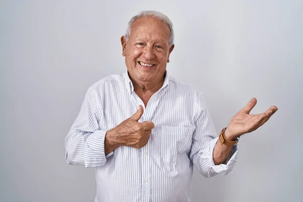 Senior Man Grey Hair Standing Isolated Background Showing Palm Hand — 스톡 사진