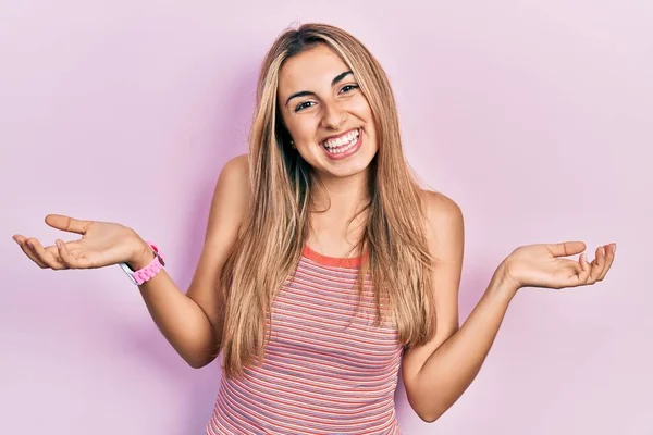 Beautiful Hispanic Woman Wearing Casual Summer Shirt Smiling Showing Both — Stock Photo, Image