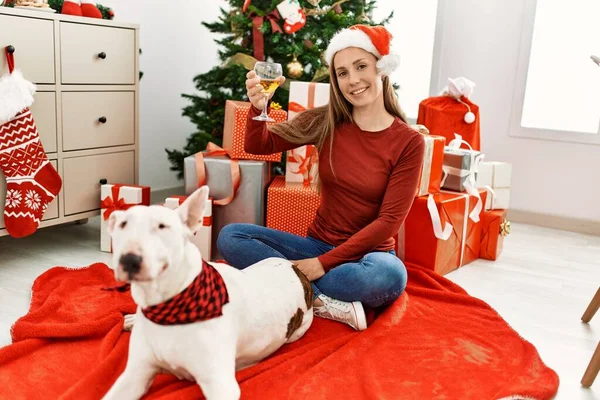 Beyaz Bir Kadın Evde Köpekle Oturup Şampanya Içiyor Noel Ağacının — Stok fotoğraf