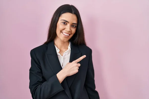 Young Brunette Woman Wearing Business Style Pink Background Cheerful Smile — 스톡 사진