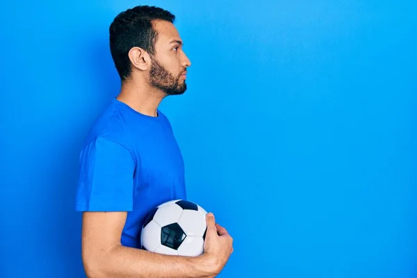 Hispanic Man Beard Holding Soccer Ball Looking Side Relax Profile — 스톡 사진