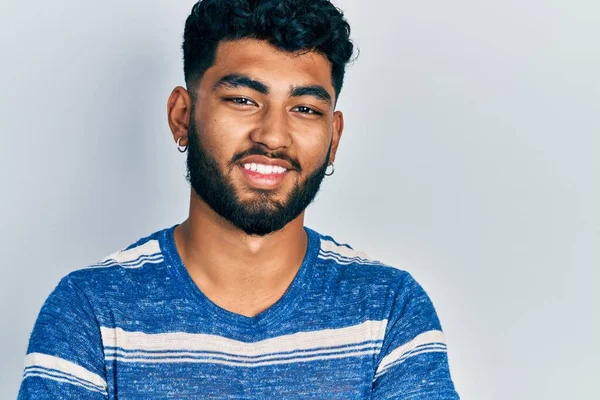 Arab Man Beard Wearing Casual Striped Shirt Happy Face Smiling — Foto Stock