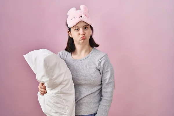 Woman Syndrome Wearing Sleeping Mask Hugging Pillow Looking Camera Blowing —  Fotos de Stock