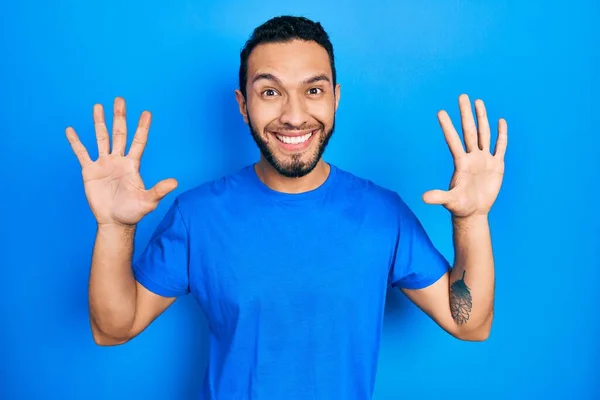 Hispanic Man Beard Wearing Casual Blue Shirt Showing Pointing Fingers — 스톡 사진