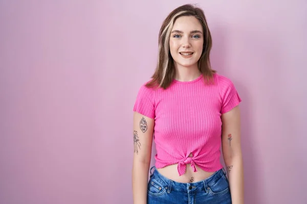 Blonde Caucasian Woman Standing Pink Background Happy Cool Smile Face — ストック写真