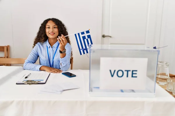 Young Latin Woman Smiling Confident Holding Greece Flag Working Electoral — Stock Photo, Image