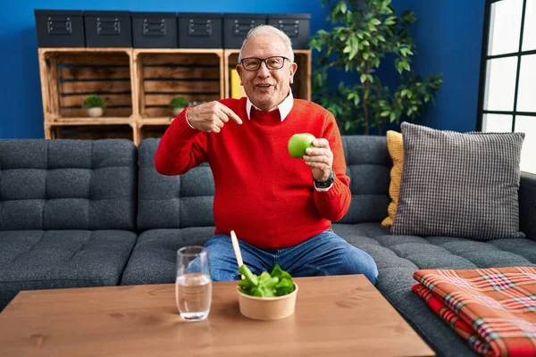 Senior Man Grey Hair Eating Salad Green Apple Pointing Finger — Stock fotografie