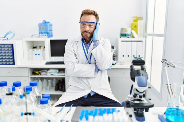 Middle Age Man Working Scientist Laboratory Thinking Looking Tired Bored — Stock fotografie