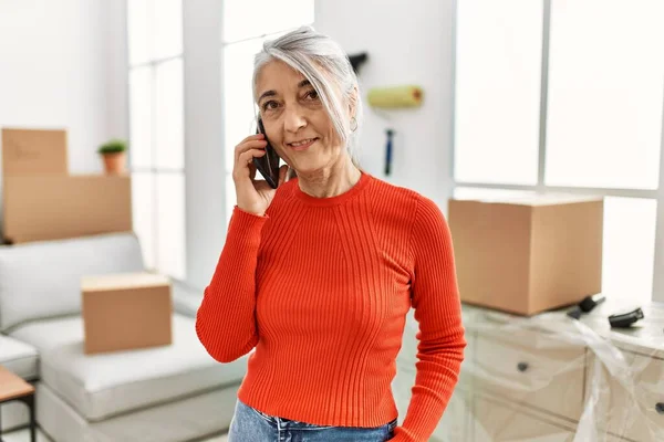 Middle Age Grey Haired Woman Smiling Confident Talking Smartphone New — Zdjęcie stockowe