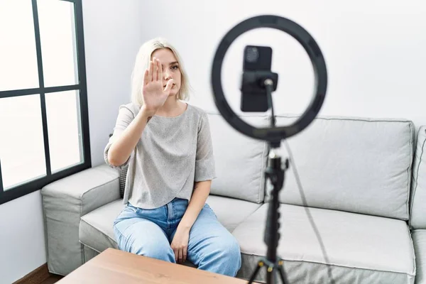 Young Caucasian Woman Recording Vlog Tutorial Smartphone Home Doing Stop — Stock Fotó