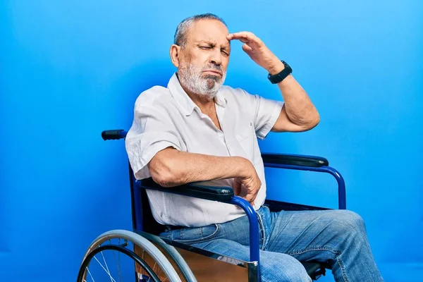 Handsome Senior Man Beard Sitting Wheelchair Worried Stressed Problem Hand — Foto Stock