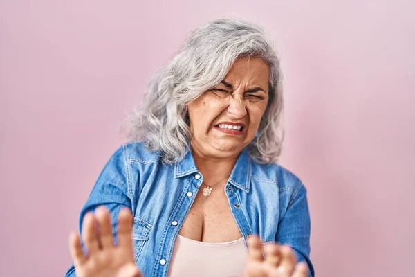 Middle Age Woman Grey Hair Standing Pink Background Disgusted Expression — Stok fotoğraf