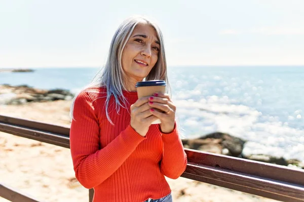 Middle Age Grey Haired Woman Smiling Happy Drinking Coffee Beach — Stock Photo, Image