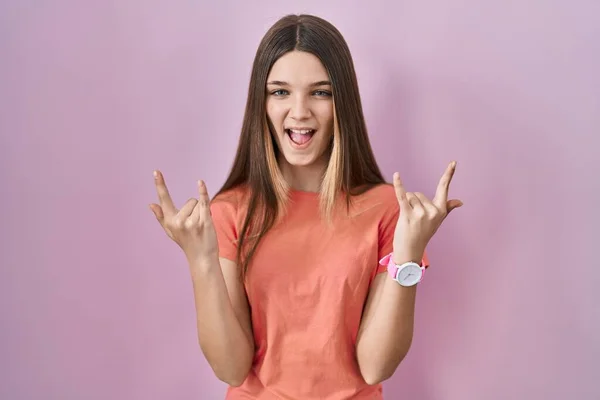 Teenager Girl Standing Pink Background Shouting Crazy Expression Doing Rock — 图库照片