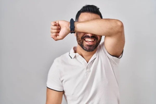 Young Hispanic Man Beard Wearing Casual Clothes White Background Covering — Φωτογραφία Αρχείου