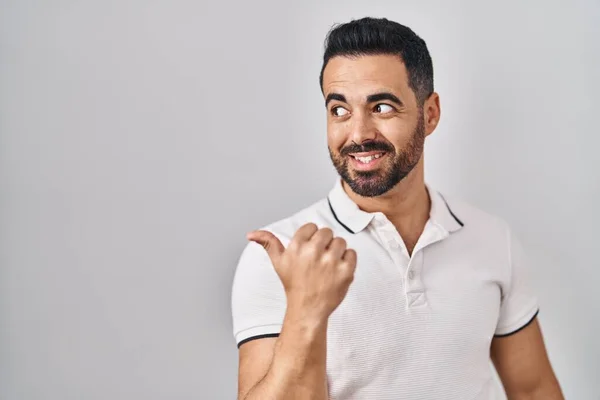 Young Hispanic Man Beard Wearing Casual Clothes White Background Smiling — ストック写真