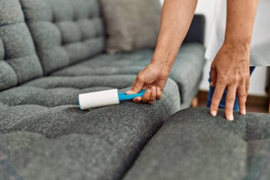 Evde evcil hayvan tüyü temizleyici kullanan kadının elleri..