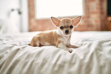 Güzel küçük bir chihuahua köpeği evde meraklı ve mutlu, sağlıklı bir bebek köpek gibi duruyor.