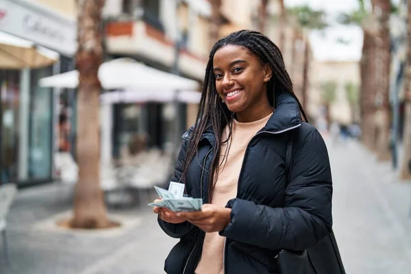 African American Woman Smiling Confident Counting Dollars Street — Φωτογραφία Αρχείου