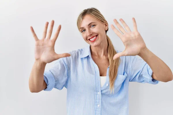 Beautiful Blonde Woman Standing White Background Showing Pointing Fingers Number — Foto de Stock