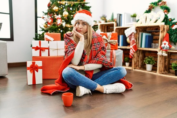 Beautiful Blonde Woman Sitting Floor Christmas Tree Thinking Looking Tired — Stock fotografie