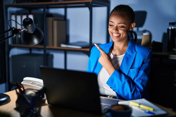 Beautiful African American Woman Working Office Night Big Smile Face — Stock Photo, Image