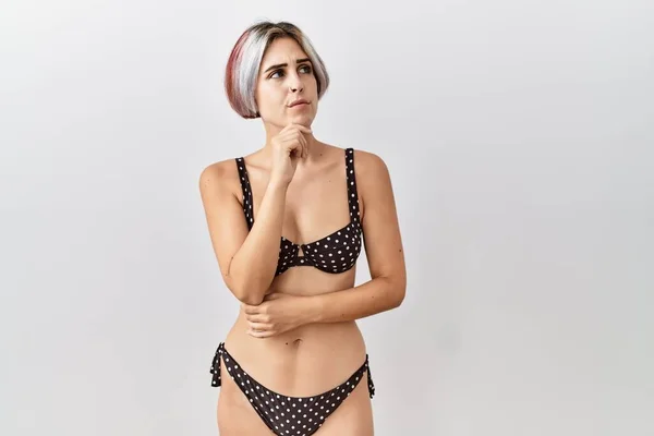 Young Beautiful Woman Wearing Swimsuit Isolated Background Thinking Worried Question — ストック写真