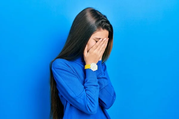 Young Brunette Girl Wearing Turtleneck Sweater Sad Expression Covering Face — ストック写真