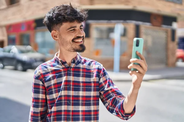 Young Hispanic Man Smiling Confident Making Selfie Smartphone Street — Stock Photo, Image