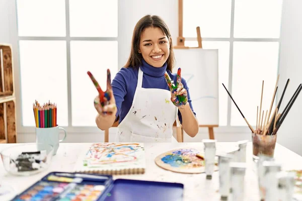 Young Brunette Woman Art Studio Painted Hands Smiling Looking Camera — 图库照片