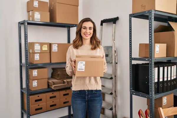 Young Woman Ecommerce Business Worker Holding Package Office — Stock fotografie