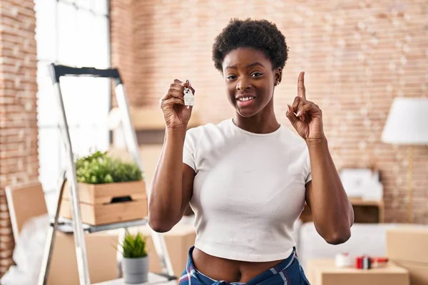 African American Woman Holding Keys New Home Surprised Idea Question — Stockfoto