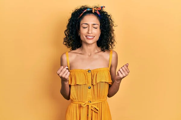 Young Latin Girl Wearing Summer Dress Excited Success Arms Raised — Φωτογραφία Αρχείου