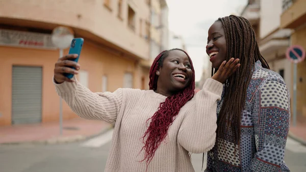 Two African American Friends Smiling Confident Having Video Call Street — Stock fotografie