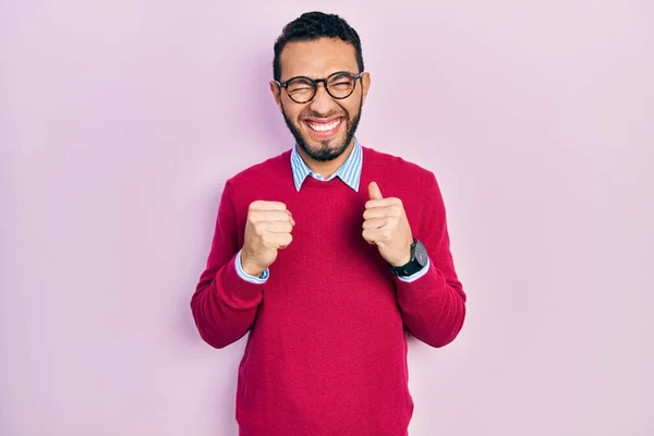 Hispanic Man Beard Wearing Business Shirt Glasses Excited Success Arms — ストック写真